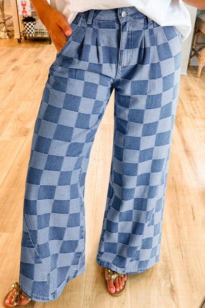 Abendblaue Jeans mit weitem Bein und Karomuster