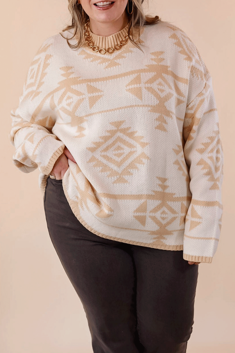 Apricot – Lockerer Pullover mit Western-Azteken-Print in Übergröße