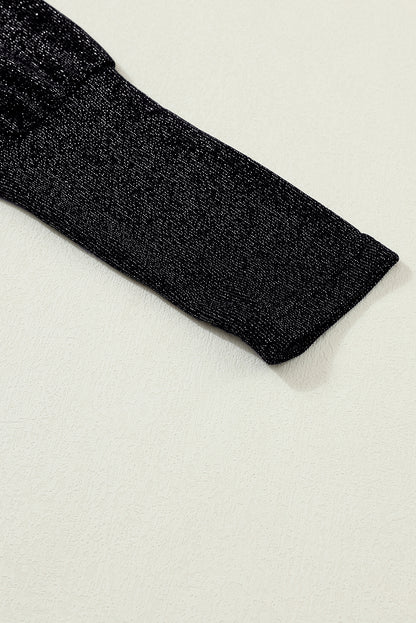 Schwarzes, glitzerndes Langarm-Top mit Rundhalsausschnitt