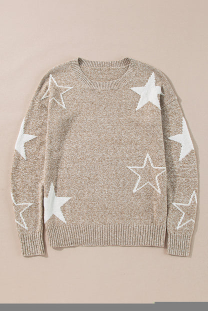 Khakifarbener Pullover mit überschnittener Schulter und Sternmuster