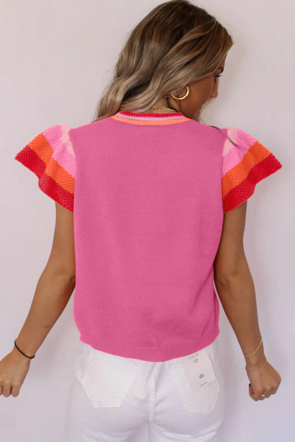 Hellrosa Strickpullover-T-Shirt mit kontrastierenden Flatterärmeln