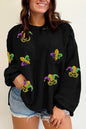Schwarzes, geknittertes Patchwork-Top in Übergröße mit Mardi Gras-Patch