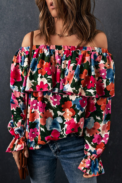 Schulterfreie Bluse mit Blumenmuster und Rüschen