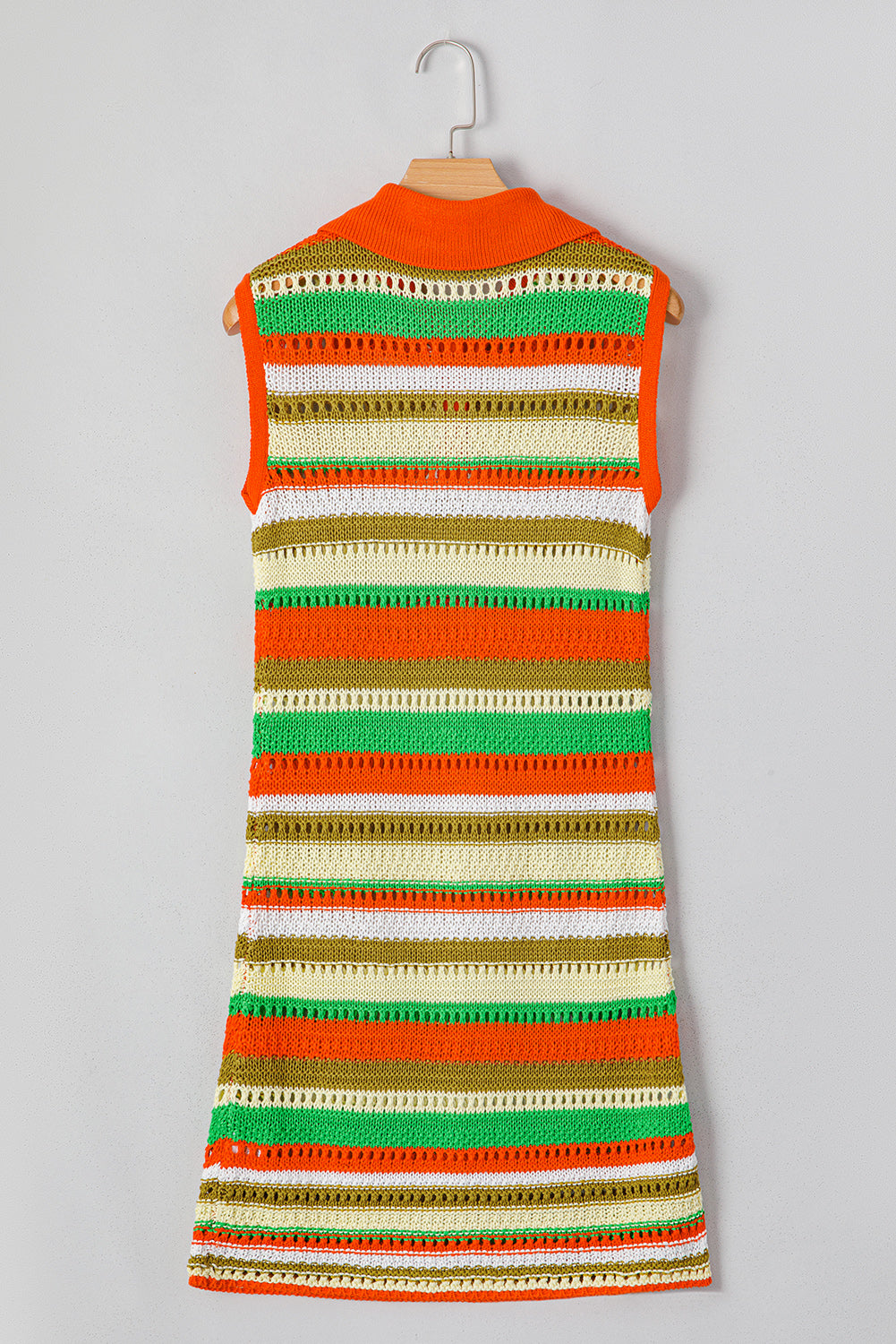 Yellow Stripe Eyelet Sleeveless Buttoned Split Neck Sweater Dress