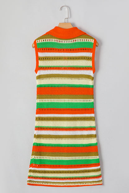 Yellow Stripe Eyelet Sleeveless Buttoned Split Neck Sweater Dress