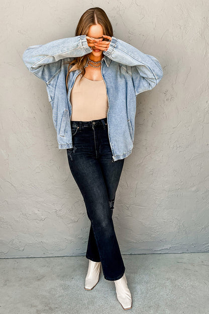 Myosotis Elastic Edge Collared Zip Up Denim Jacket With Pocket