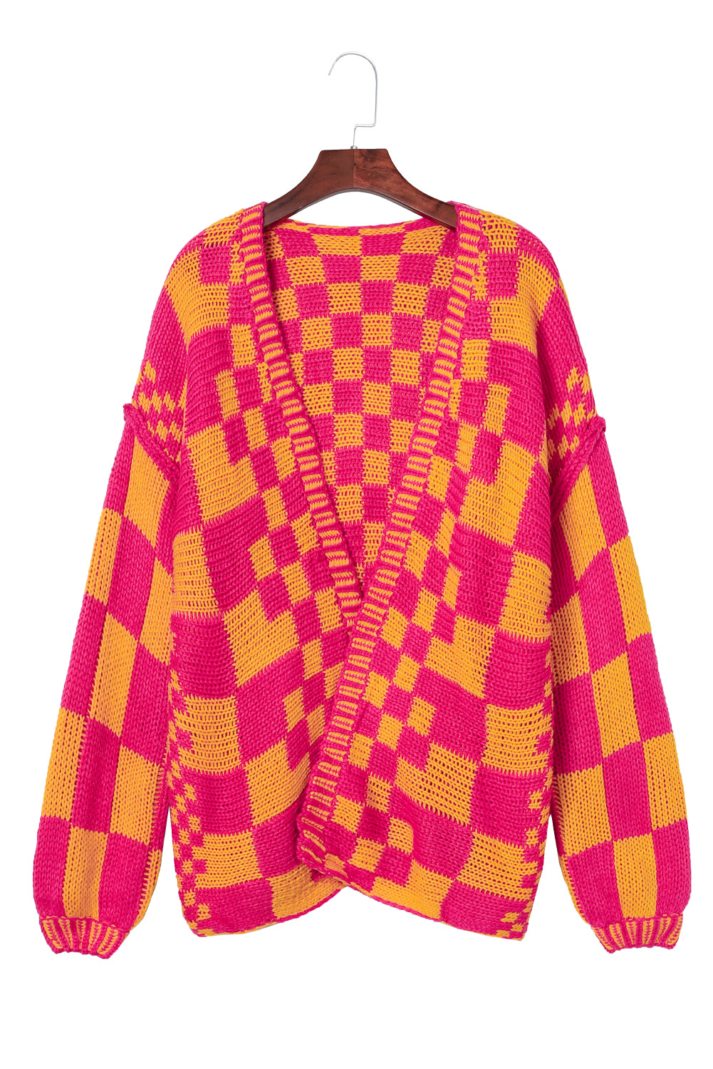 Mehrfarbige Strickjacke mit offenem Vorderteil und gemischtem Karomuster