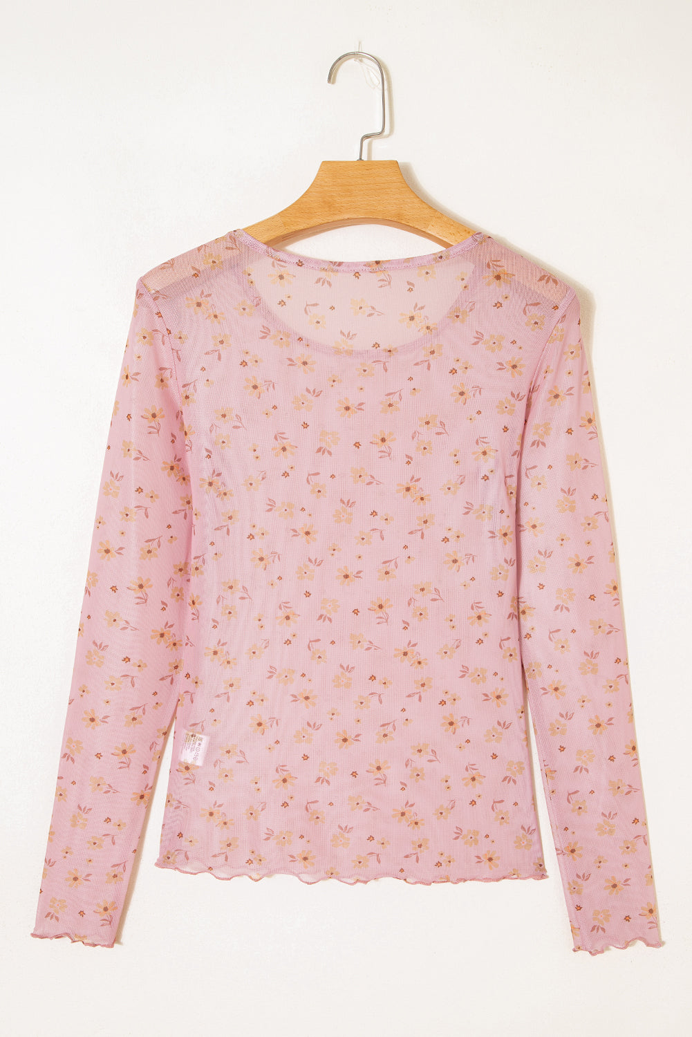 Pink Vintage Floral Print Southern Style Mesh Long Sleeve Top
