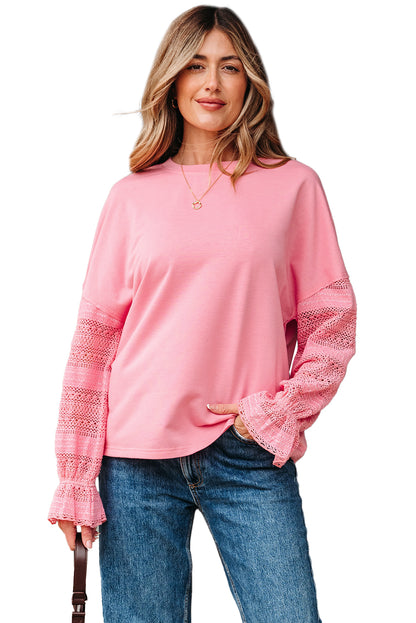 Sachet Rosa Tropfen Schulter Spitze Rüschen Ärmel Patchwork Lose Sweatshirt