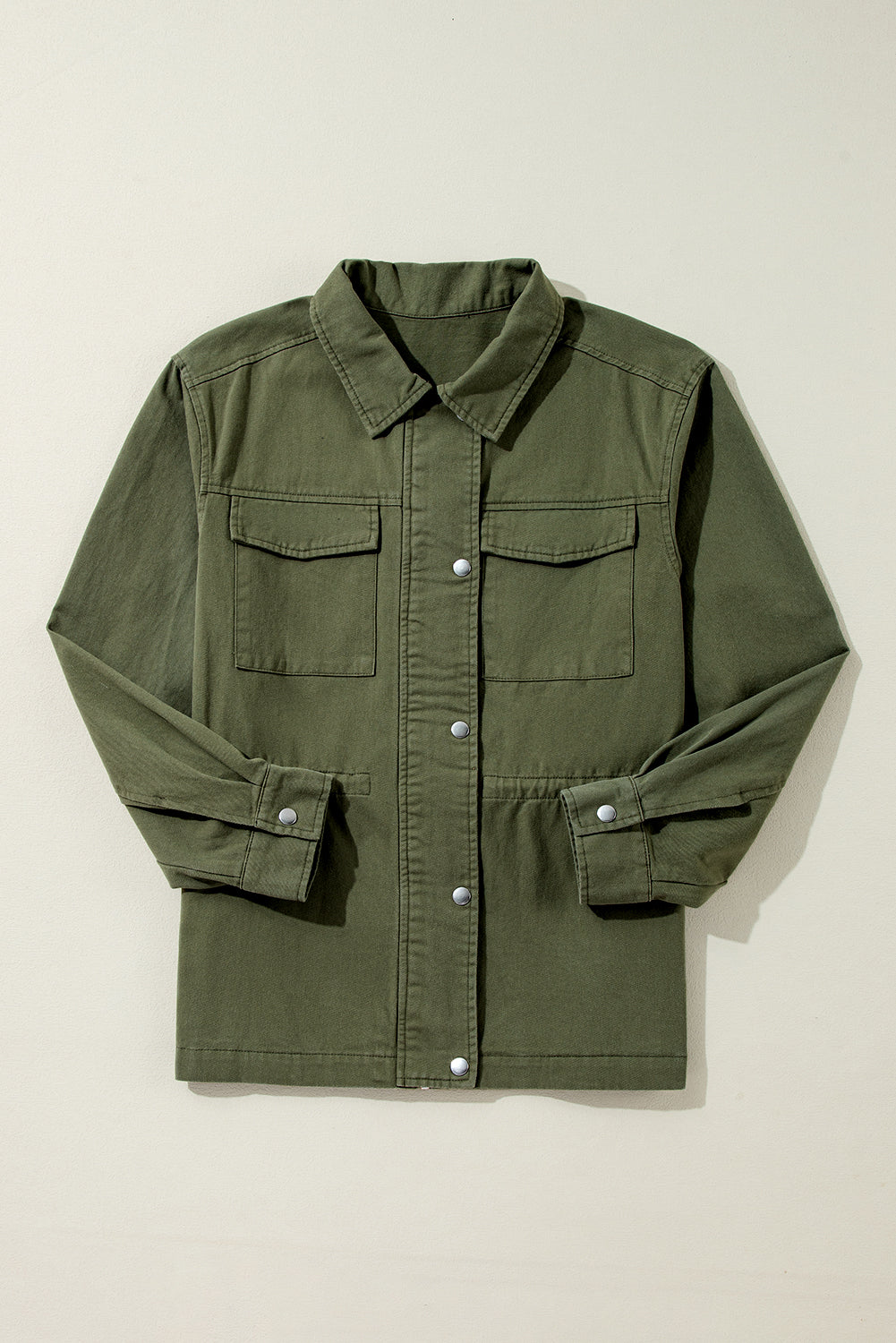 Moosgrüne Jacke mit Druckknopf-Reißverschluss und engem Taillenkragen