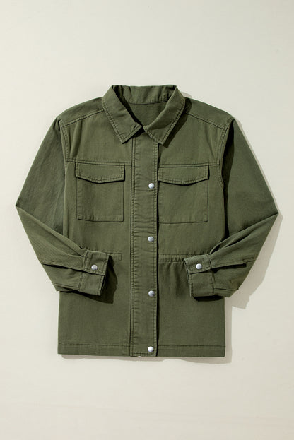 Moosgrüne Jacke mit Druckknopf-Reißverschluss und engem Taillenkragen