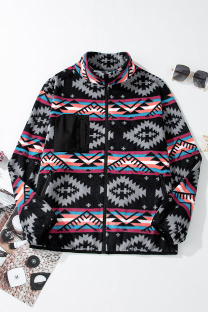 Schwarze Jacke mit Reißverschlusskragen und Aztekenmuster