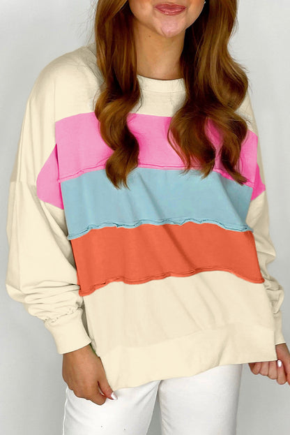Weißes Sweatshirt mit Rundhalsausschnitt und überschnittener Schulter im Colorblock-Patchwork-Stil