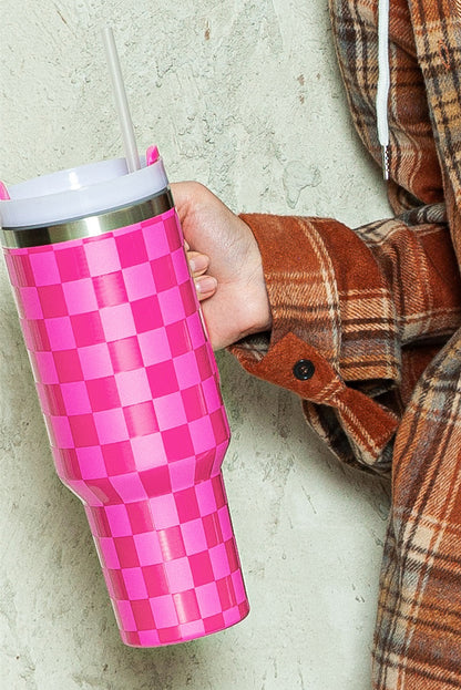 Edelstahlbecher mit Griff und Karomuster in leuchtendem Pink, 1,2 l