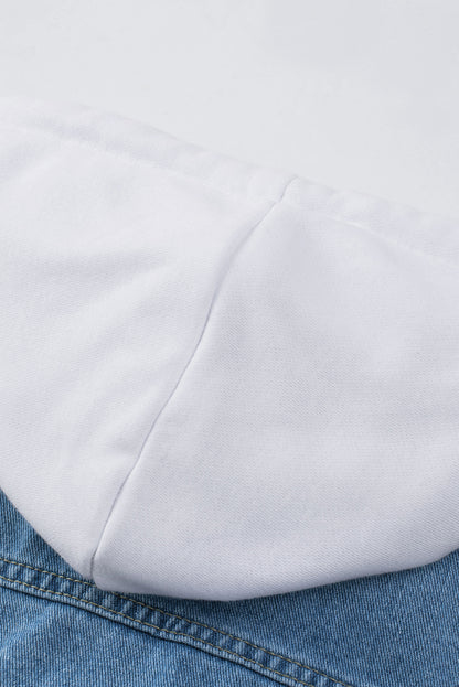 Sky Blue Distressed Contrast Hooded Denim Jacket with Pockets