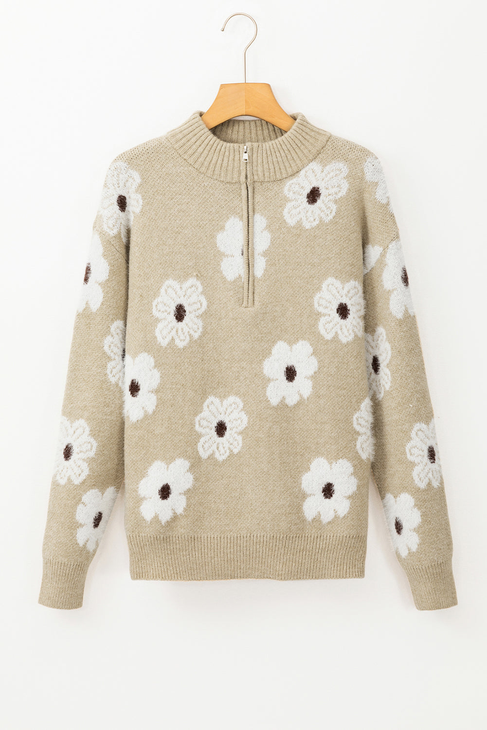 Khakifarbener Pullover mit Blumenmuster und halblangem Reißverschluss und überschnittener Schulter