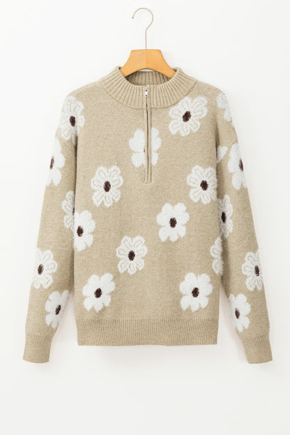 Khakifarbener Pullover mit Blumenmuster und halblangem Reißverschluss und überschnittener Schulter