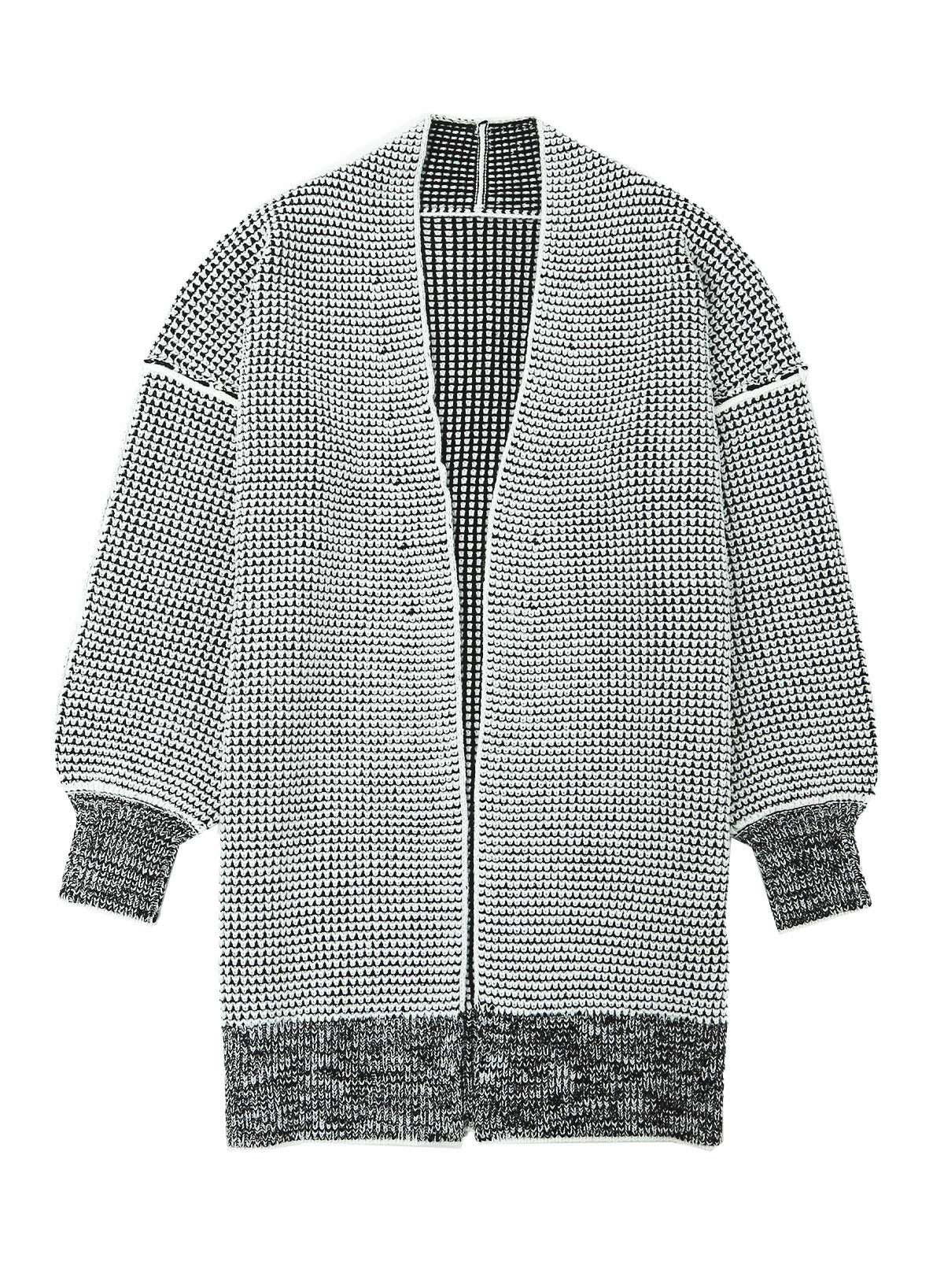 Grau karierte, lange Strickjacke mit offener Vorderseite