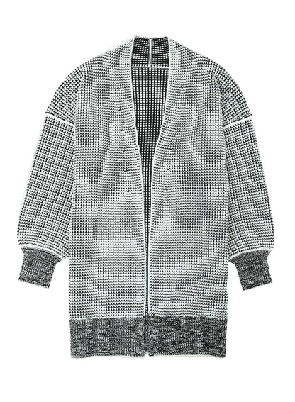 Grau karierte, lange Strickjacke mit offener Vorderseite