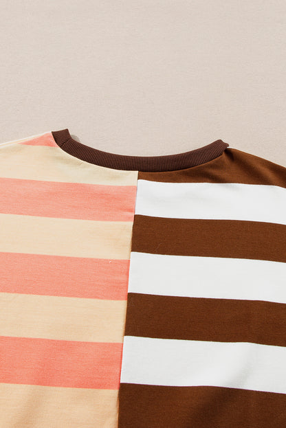 Braunes Pullover-Sweatshirt mit Streifen und Farbblockdesign und überschnittener Schulter