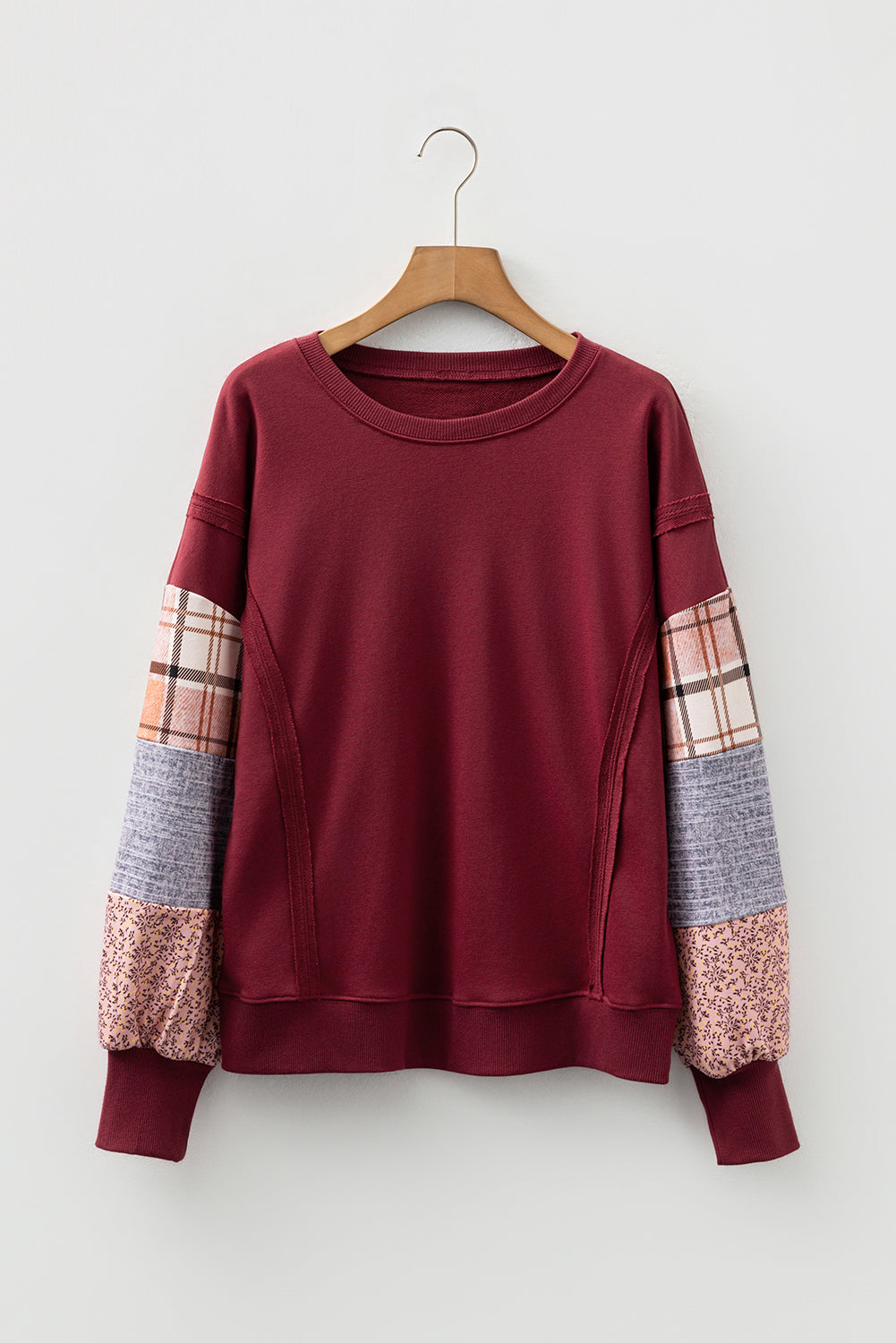 Red Sandalwood Plaid Colorblock Patchwork Sleeve Raw Seam Sweatshirt