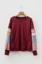 Red Sandalwood Plaid Colorblock Patchwork Sleeve Raw Seam Sweatshirt