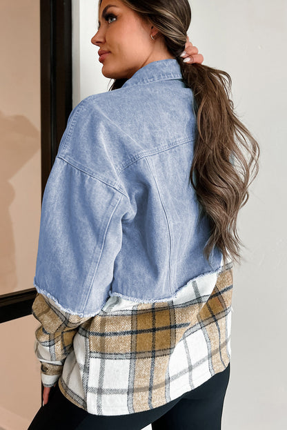 Khakifarbene Oversize-Jeansjacke mit Patchwork-Karomuster und Knöpfen