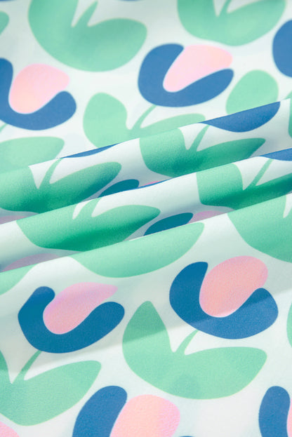 Green Floral Print Notched Neck Scalloped Detail Long Sleeve Mini Dress