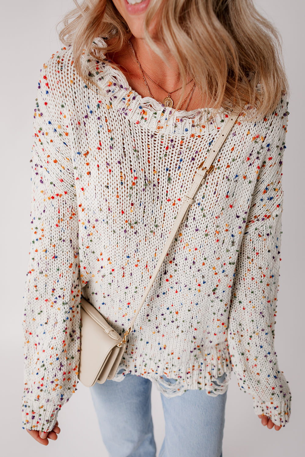 White Colorful Popcorn Knit Distressed Tunic Sweater