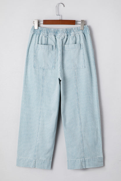 Sky Blue Stripe Mid Rise Drawstring Waist Jeans