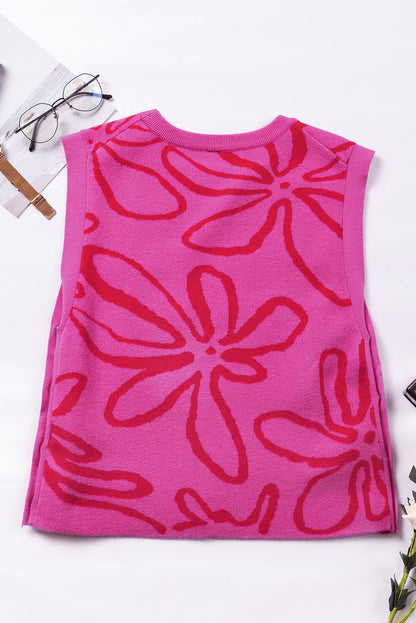 Ärmelloses Stricktop mit Blumenmuster und Knopfleiste in leuchtendem Pink