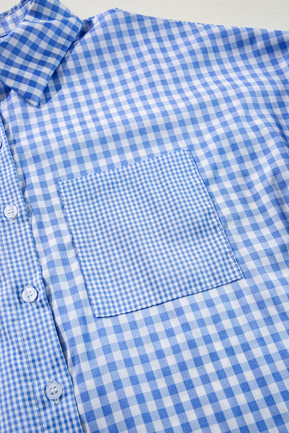 Himmelblaues, gestreiftes, kariertes Patchwork-Langarmhemd mit Knopfleiste