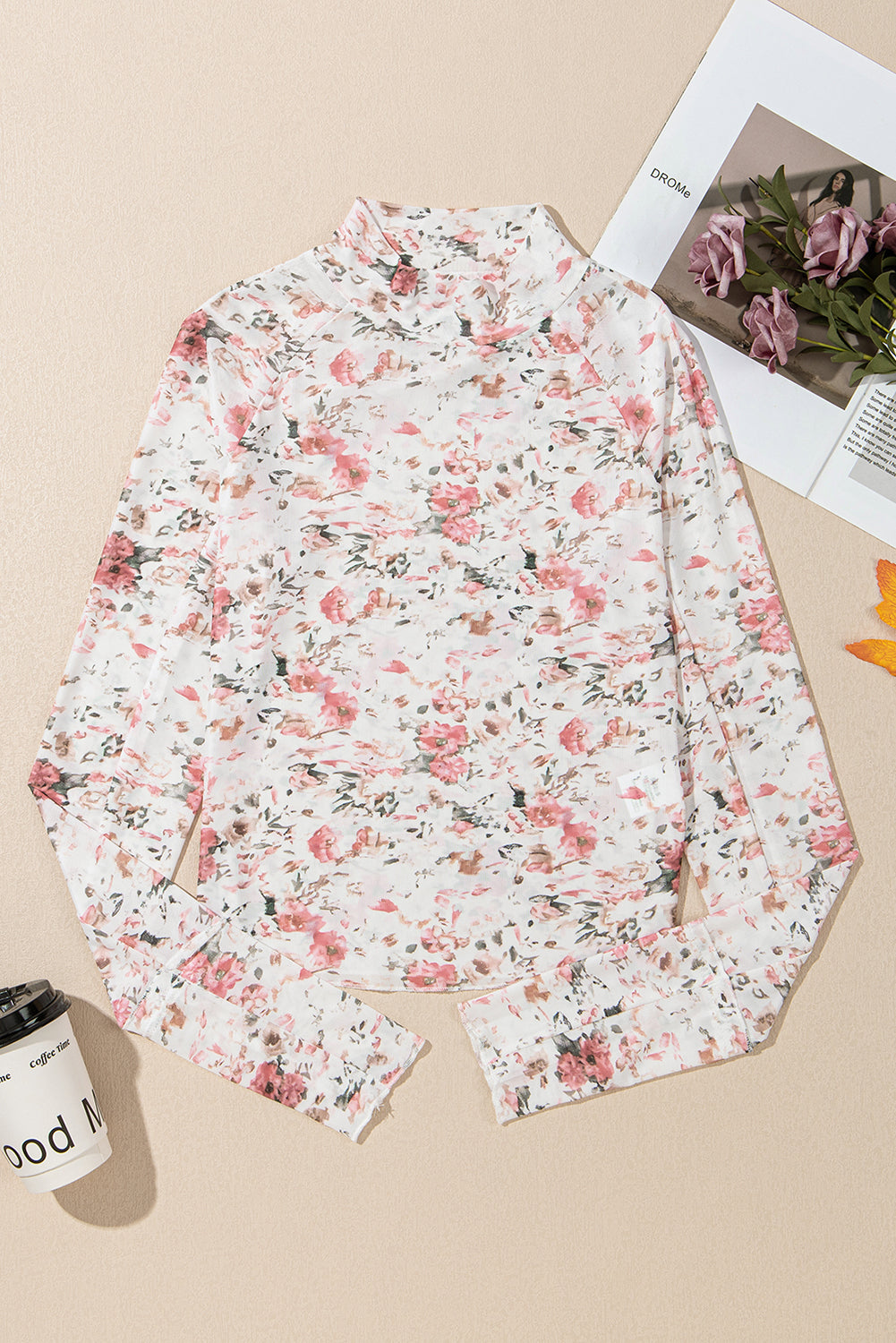Rosa, geblümte, langärmlige Etui-Bluse aus Netzstoff mit hohem Halsausschnitt