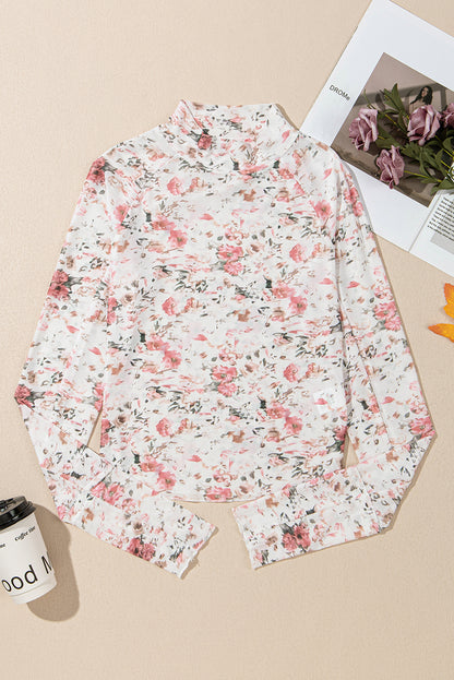 Rosa, geblümte, langärmlige Etui-Bluse aus Netzstoff mit hohem Halsausschnitt