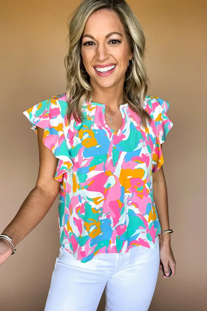 Mehrfarbige Bluse mit abstraktem Print, gekerbtem Ausschnitt und flatternden Ärmeln