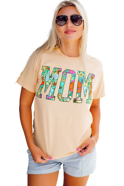Khakifarbenes T-Shirt mit MOM-Blumenbuchstaben-Print