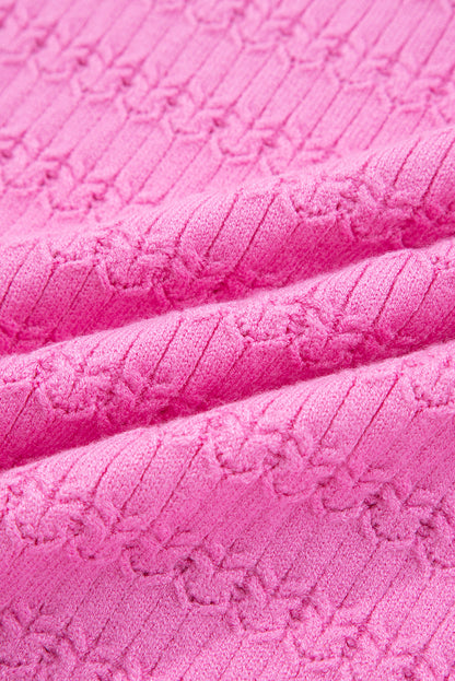 Bright Pink Trendy Pattern Knit Ribbed Cuffs Crew Neck Sweater