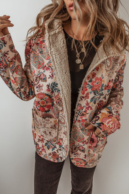 Beige Vintage Paisley Blumendruck Sherpa-gefütterte Kapuzenjacke