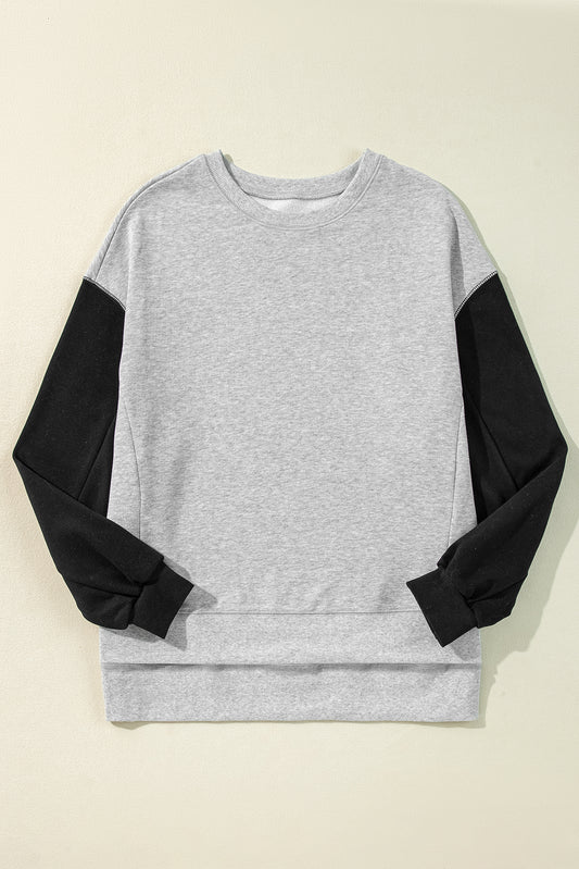 Graues zweifarbiges Patchwork-Pullover-Sweatshirt mit überschnittener Schulter