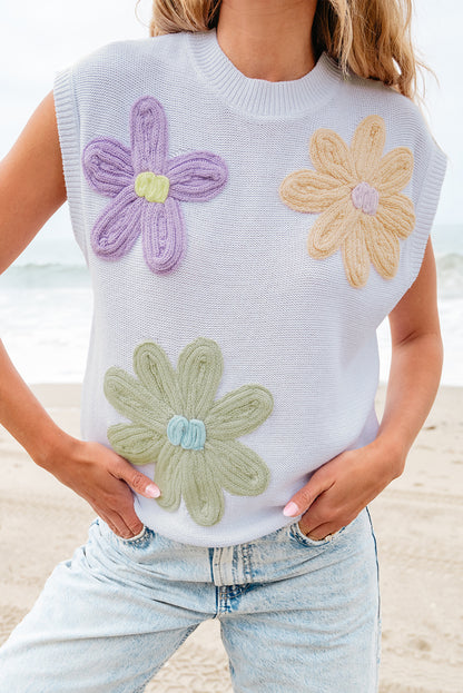 Weiße, mehrfarbige, kurzärmlige Pullover mit Häkelblumenmuster