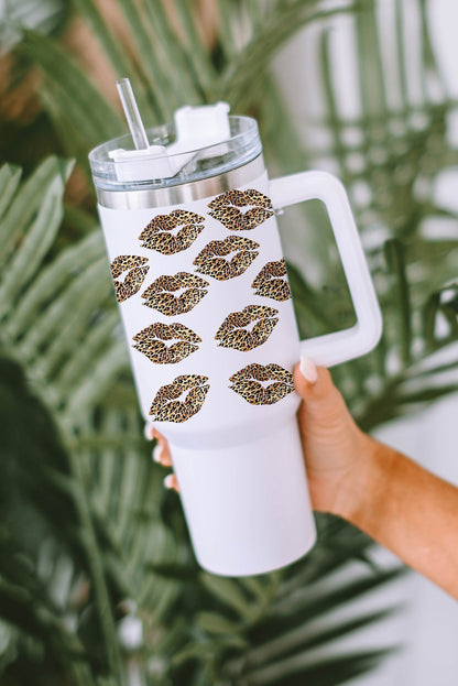 Weißer Valentinstag-Thermosbecher mit Leopardenlippen-Print und Strohhalm, 1,2 l