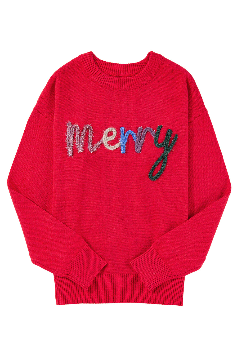 Feurig-roter Lametta Merry Letter Baggy Pullover mit tief angesetzter Schulterpartie