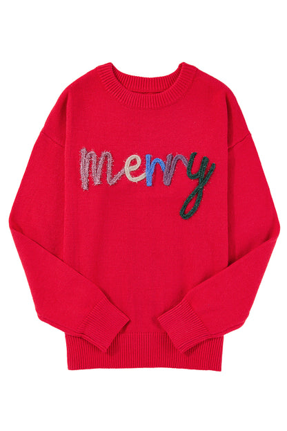 Feurig-roter Lametta Merry Letter Baggy Pullover mit tief angesetzter Schulterpartie