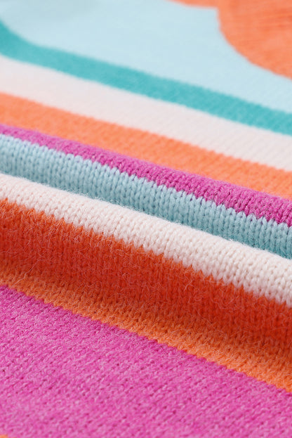 Mehrfarbig gestreifter Strickpullover mit tief angesetzten Schultern und Puffärmeln