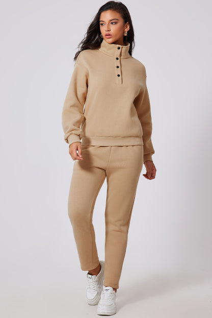 Parchment Solid Set aus Sweatshirt mit halben Knöpfen und Jogginghose mit hoher Taille