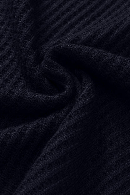 Black Color Contrast Waffle Knit Buttoned Plus Size Top