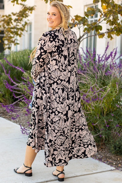 Schwarzes Maxikleid mit Blumenmuster und Kragen in Übergröße