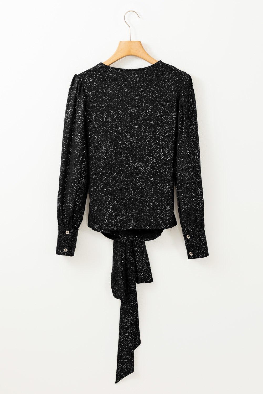 Schwarze Glitzer-Wickelbluse mit V-Ausschnitt, Bindesaum und Puffärmeln