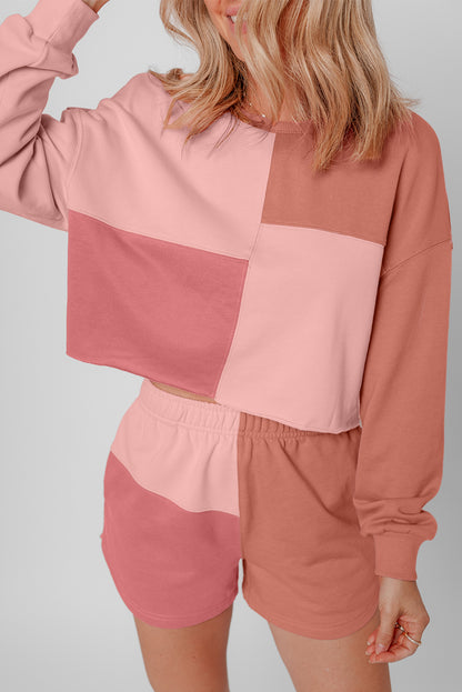 Pfirsichblüten-Colorblock-Patchwork-Langarm-Shorts-Outfit