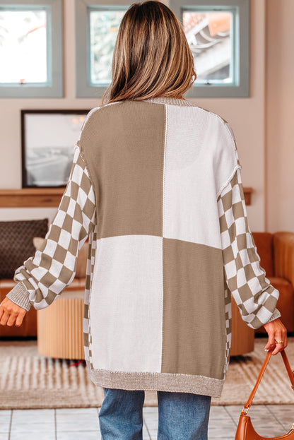 Brown Checkered Open Front Drop Shoulder Cardigan